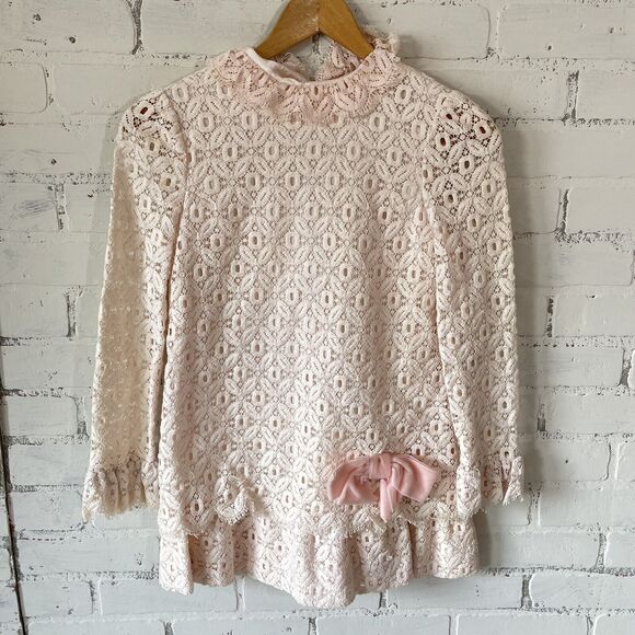 Vintage Dorissa Of Miami Girls Size 10 Dress 60s Lace Creme Bow Mod MCM JackieO - Picture 1 of 10